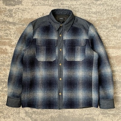 APC Tweed Wolle kariert Steppjacke XL blau wattiert Mark Holz Denim Besatz kariert