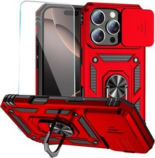 Phone Case for iPhone 16 Pro with HD Screen Protector & Slide Camera Cover, Red