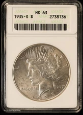 1935-S $1 Peace Silver Dollar ANACS MS 63 | Soap Box | UNC BU