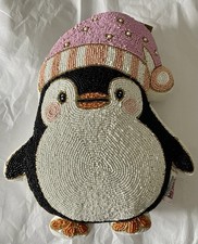 Penguin Beaded Embroidered  Decorative Beautiful 15" Pillow EXTRA EXTRA MERRY
