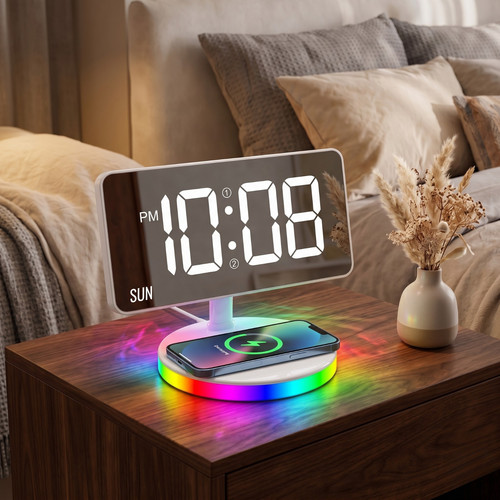 Wireless Charging Alarm Clock Mirror Display RGB Night Light 15W Day Dual Alarm