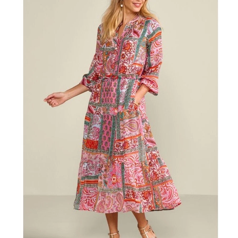 Soft Surroundings Pink Patchwork Drea Midi Dress Size Petite Small - Image 2 of 4