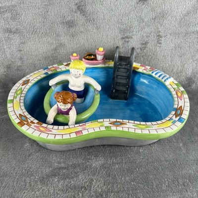 Vintage 90s Ceramic Swimming Pool Chip & Dip Bowl Set Chip Bowl Damaged Kitschy