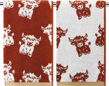 2 Pcs Highland Cow Hand Towels Farmhouse Kitchen Bathroom Decor