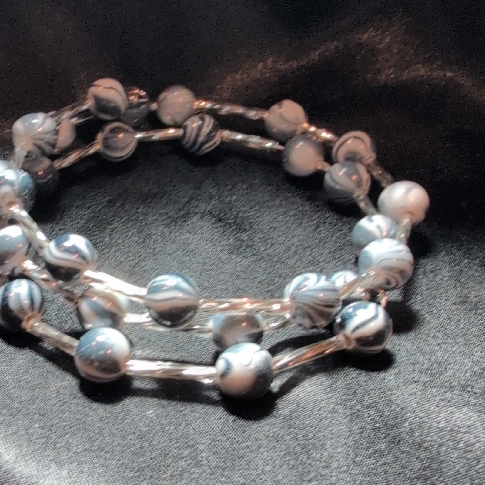 Handcrafted Blue White Gray Glass Bead Wrap Bracelet On Memory Wire. #396