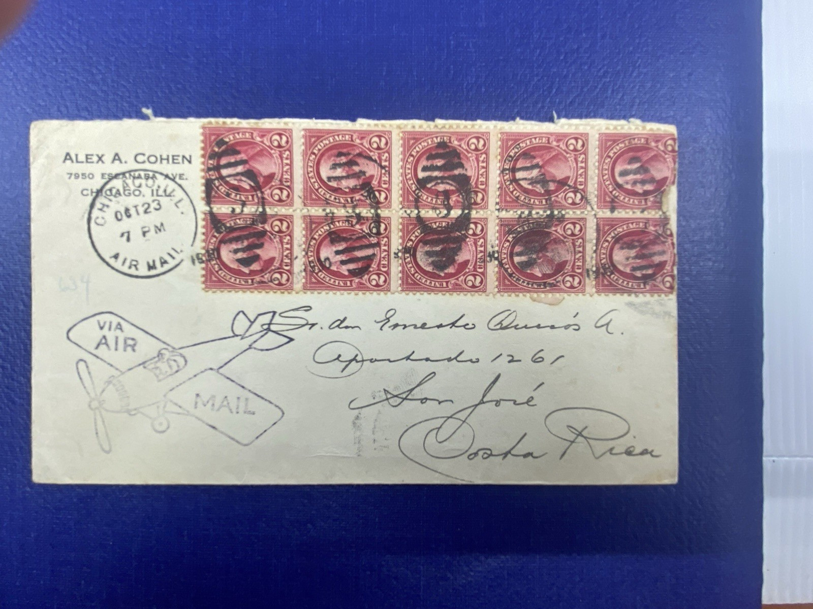 1930 Early Air Mail, Chicago, ILL to San Jose, Costa Rica, Washington 2c X 10