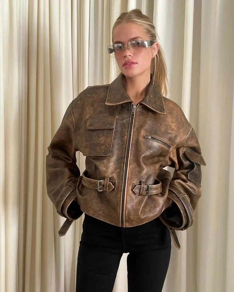 女式复古棕色仿旧皮革夹克-短轰炸机风格外套 — 第 3/4 张图片