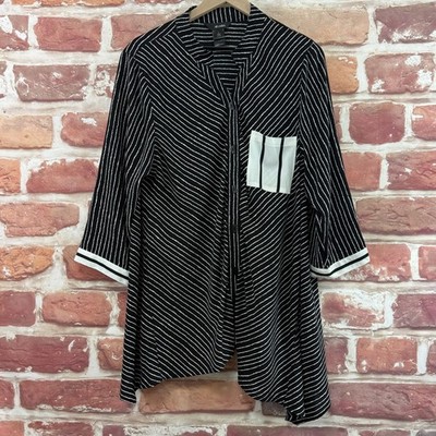Ali Miles Tunic Top Womens Large Black White Striped Abstract Colorblock Shirt