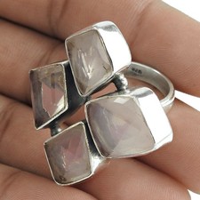 Solid Silver Heart Chakra Natural Rose Quartz Promise Band Birthday Ring US 7