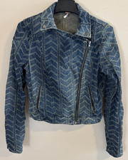 Free People Distressed Patterned Denim Jacket Blazer Coat Size 4