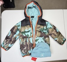 SNOZU Puffer Jacket and Beanie Set Blue Camo Winter Warm Hooded Boys 6 NWT
