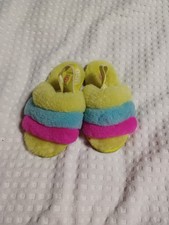 UGG Girls Fluff Yeah Neon Green Pink Rainbow Fuzzy Slippers Sz 10 464
