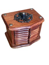 Vintage   Wooden 8 Cork Coaster Set Mid Century Brass Modern Storage Box Holder