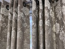 2 Pair M&S Lined Curtains Beige Cream Floral Design W104” D86” + W104” D55” -T47