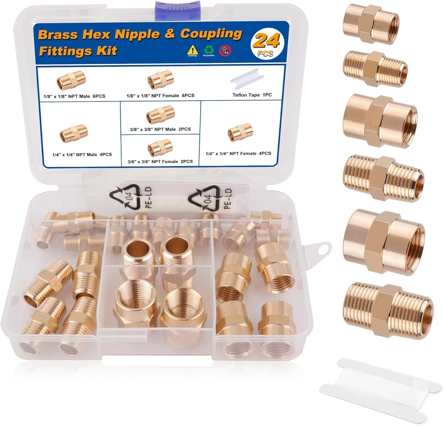 24PCS Brass Pipe Fittings Brass Hex Nipple Hex Coupling Kit 1/8" to 1/8" NPT,...