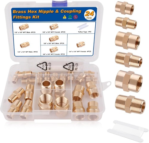 24PCS Brass Pipe Fittings Brass Hex Nipple Hex Coupling Kit 1/8" to 1/8" NPT,...