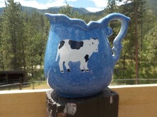 Vtg Calico China Blue Spongeware Pitcher with a Cow Design