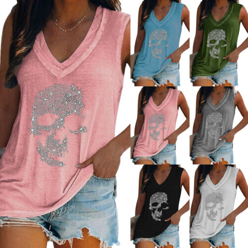 Womens Summer Skull Vest Tank Ladies Sleeveless V Neck T Shirt Tops Blouse