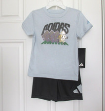 NEW LITTLE BOYS ADIDAS ESSENTIAL HALO BLUE TEE T SHIRT  SHORTS SET SZ 6 7 38