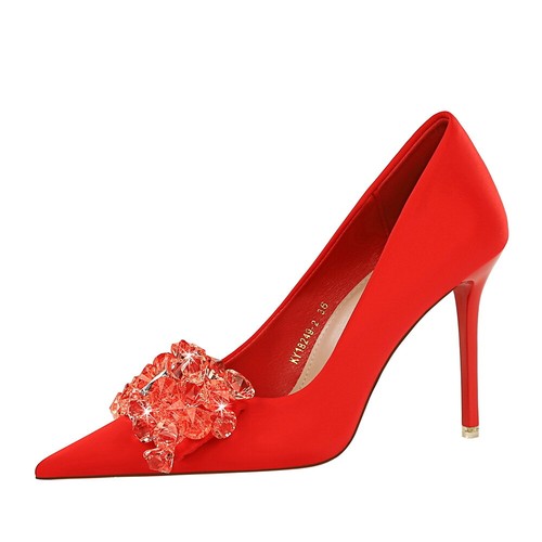 Women's Faux Suede Stiletto Pumps Rhinestone Bow Pointed Toe Mid/High Heel Shoes - Picture 30 of 34
