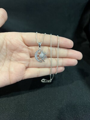 925 Sterling Silver Women Sun Moon CZ Eclipse Star Pendant & Box Chain 20 22 24