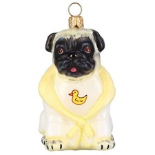 Joy to the World Fawn Pug Tub Time in Bath Robe Polish Glass Christmas Ornament