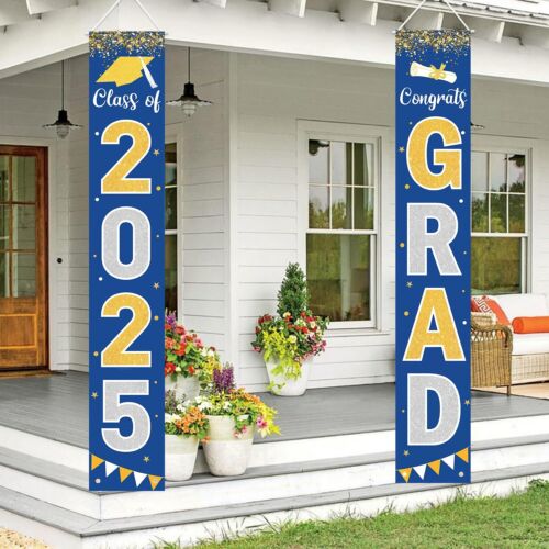 Graduation Decorations 2025 GRAD Banner Blue Porch Door Sign Welcome Banner F...