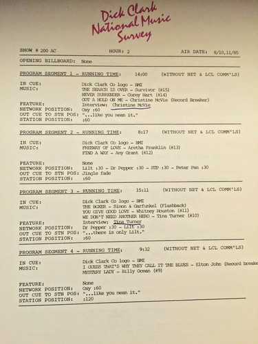 RADIO SHOW: DICK CLARK SURVEY 8/10/85 BILLY OCEAN, DeBARGE, SADE, TINA TURNER - Picture 4 of 5