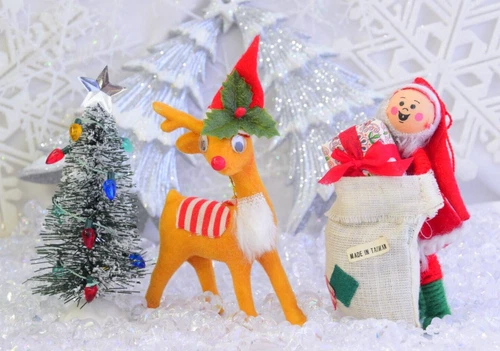 Vintage Flocked Reindeer, Santa & Bottle Brush Tree Christmas Ornaments