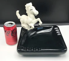 VTG Ceramic Ashtray Horse Cigar Black  with 3D Winking White Horse, MCM