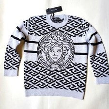 NEW$390 Versace Boys Medusa La Greca Intarsia Crewneck Wool Cotton Sweater Sz 6
