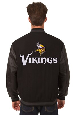 Minnesota Vikings Wool Leather Reversible Jacket Embroidered Patch Logos Black