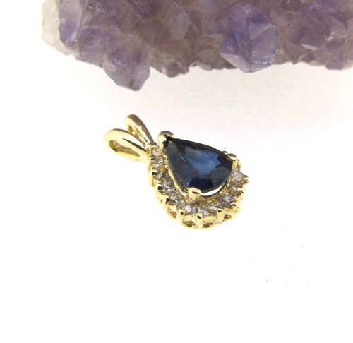 1.00 ct Sapphire 14k Yellow Gold .13 ctw Diamonds Teardrop Pendant - Picture 5 of 5