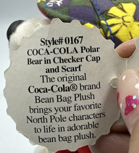 Coca Cola Bean Bag Plush Polar Bear in Checker Hat and Scarf 1998. - Picture 10 of 12