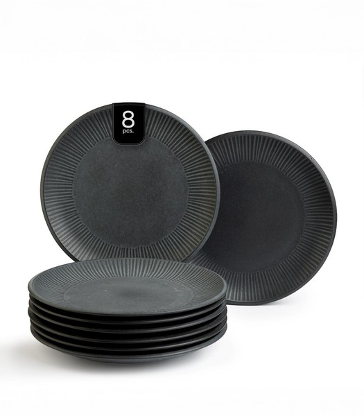 Speiseteller 8Er Set Teller Essteller Steingut Schwarz Mit ReliefpräGung Ø 27 Cm-image