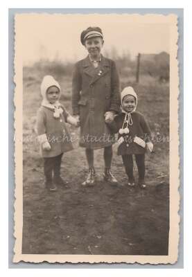Portrait Boy with 2 Young Children - Winter Coat Hat - Vintage Photo 1930s