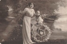 CP ELEGANT WOMAN AND BOY ON CHARIOT HORN OF PLENTY 1 FOLDED CORNER - 54728