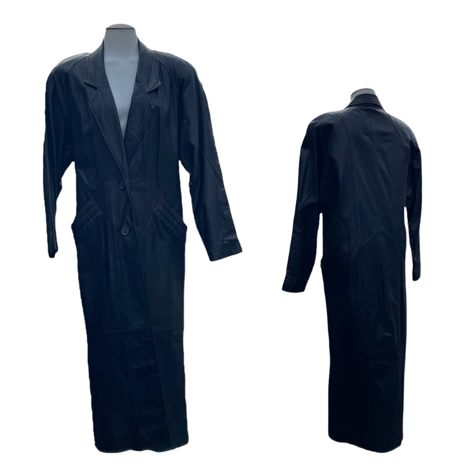 Gabardina de cuero larga vintage años 80 LNR para mujer S bolsillos de gran tamaño NEGRA