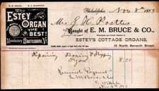 E M Bruce  Co - Estey Organ - Philadelphia 1883 - History Rare Letter Head Bill