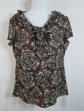 WOMEN XLARGE XL BLOUSE Top Brown Black Orange Floral Monarch Butterfly EAST 5TH