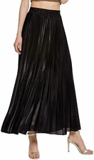 Women's Premium Metallic Shiny Shimmer Accordion Pleated Long Maxi Skirt Black