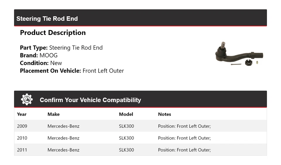 Para Mercedes-Benz SLK300 2009-2011 extremo de barra de dirección delantero izquierdo exterior MOOG Foto 2 de 4
