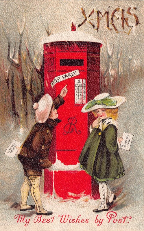 Xmas My Best Wishes By Post Christmas Boy Girl Mail Box Letters Postcard