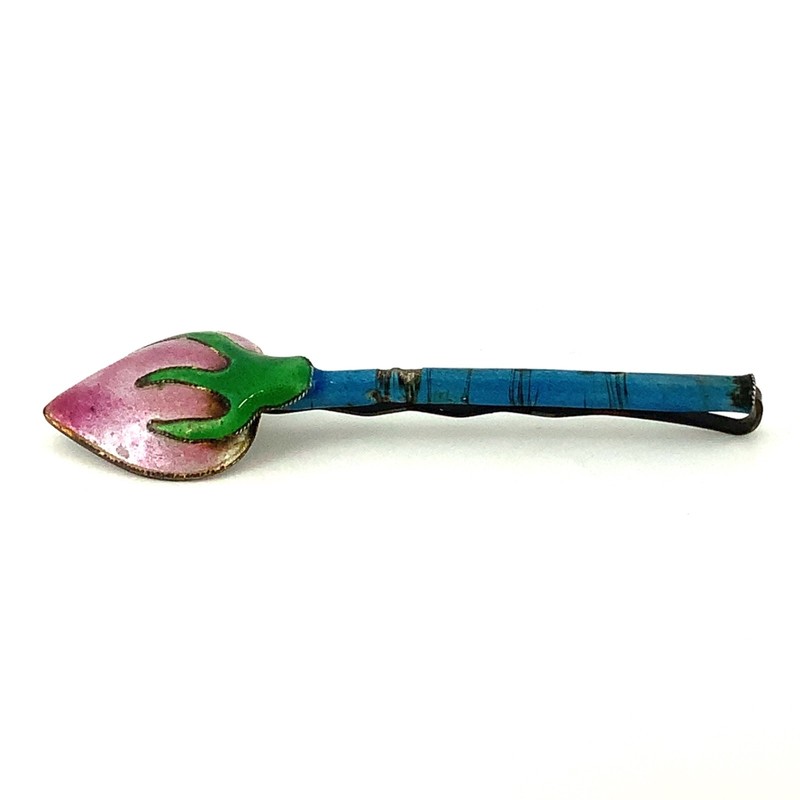 Enamel, Sterling Silver Vintage Chinese Lotus Bud Barrette Bobby Pin Hair Clip