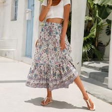 Ladies Elastic Waist Holiday Floral Gypsy Long Skirts Dress Summer Beach Skirt A