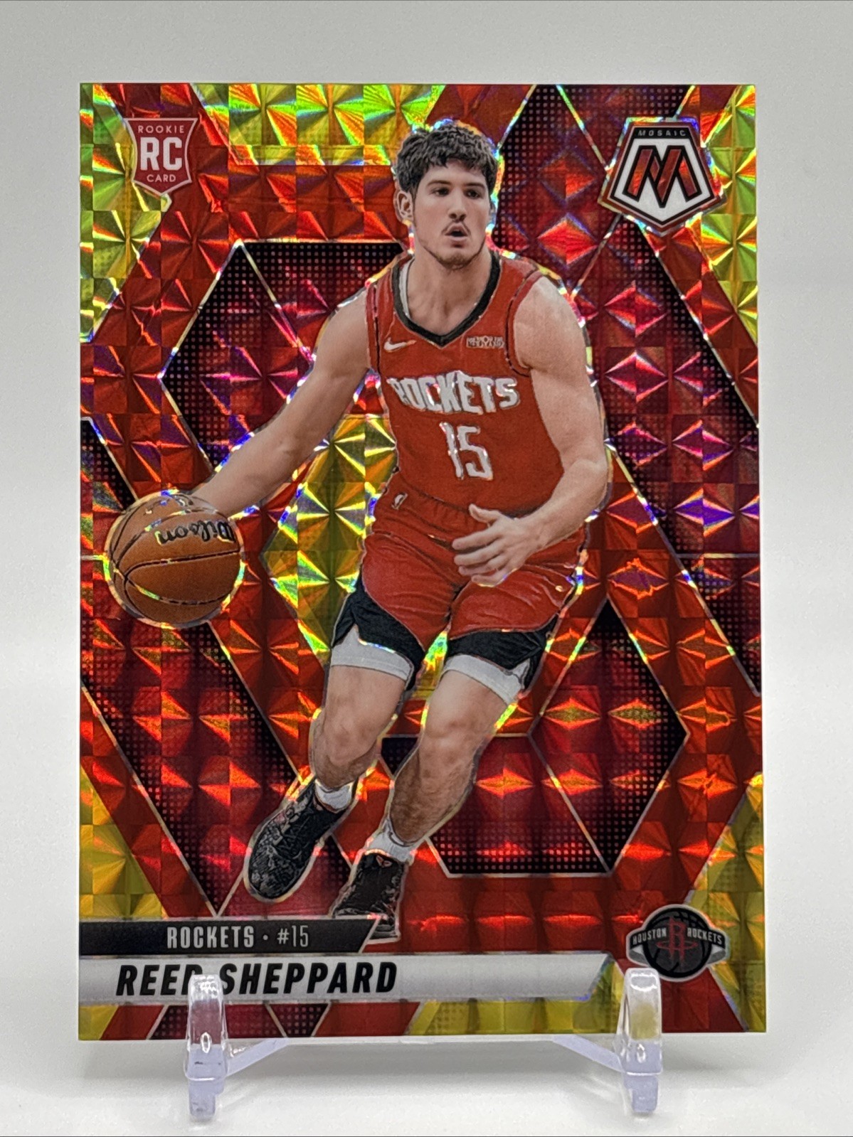 2024-25 Panini Mosaic Reed Sheppard RC #249 Choice Fusion Red & Yellow Prizm /75