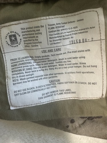 US Army Combat Uniform Insect Shield Camo Cargo Trousers Unisex Large-Long - Picture 8 of 11