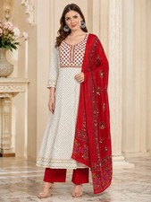 Women Plus Size White Embroidered Kurta With Pants  Dupatta ,Indian Salwar Top