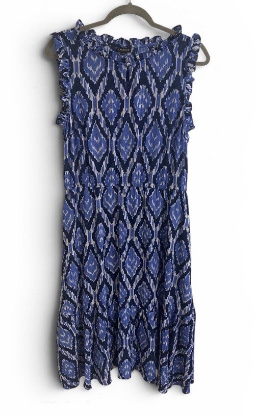 Talbots Women's Ikat Print Sleeveless Flowy Midi Dress Size 10 Blue Ruffle Neck