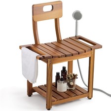 23.4" Shower Chair with Backrest, 450 lb Capacity, Acacia Wood, Bath Seat